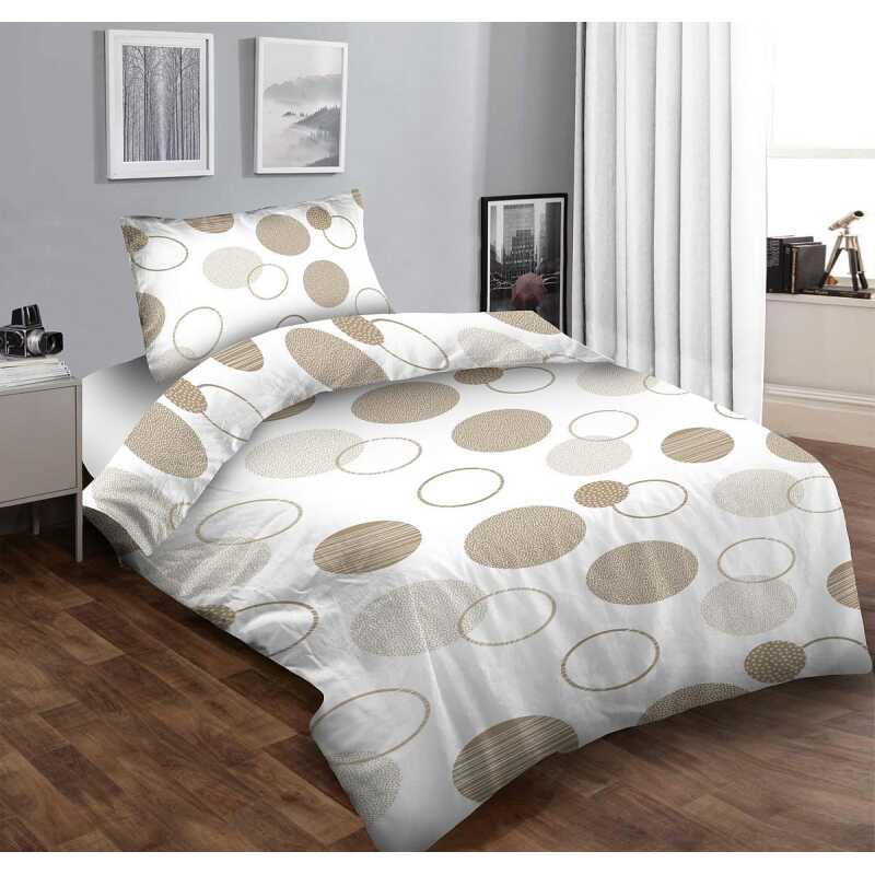 Kruhy na bielom bavlnená súprava obliečok M149 1+1 je vyrobená zo 100% bavlny s plošnou hmotnosťou 130 g/m². Dostupná vo veľkostiach 140x200 cm, 140x220 cm - je priedušná a vhodná na celoročné používanie. Súprava 1+1 obsahuje jednu obliečku na paplón podľa výberu a jednu obliečku na vankúš 70x90 cm.