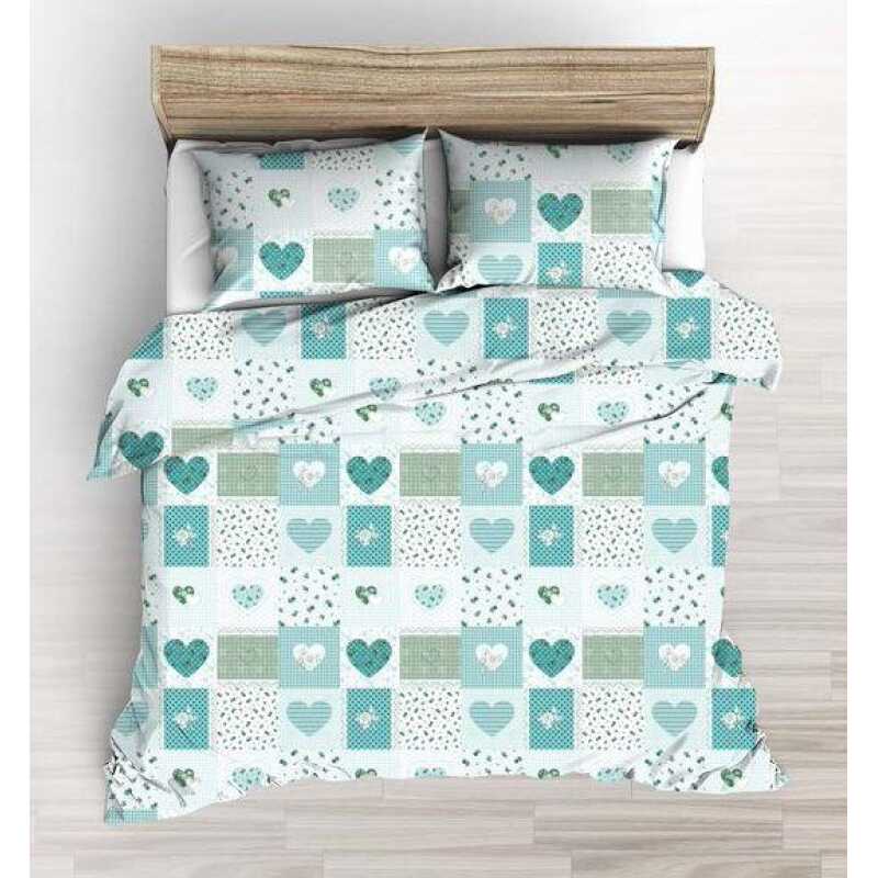 Srdiečka zelené bavlnené krepové obliečky  1+1 v rozmeroch 140×200 cm a 140×220 cm sú vyrobené zo 100% bavlny s plošnou hmotnosťou 120 g/m². Príjemná dýchavosť a ľahký komfort ich robia vhodnými na celoročné používanie. Súprava 1+1 obsahuje jednu obliečku na paplón a jednu obliečku na vankúš.