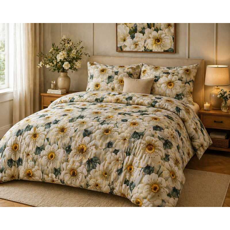 Bavlnená súprava obliečok 1+1 je vyrobená zo 100% bavlny s plošnou hmotnosťou 130 g/m². Dostupná vo veľkostiach 140x200 cm, 140x220 cm, 200x220 cm a 200x240 cm, ponúka príjemnú priedušnosť a je vhodná na celoročné používanie. Dezén vytvára 3D efekt - pôsobí trojrozmerným dojmom. Súprava 1+1 obsahuje jednu obliečku na paplón a jednu obliečku na vankúš 70x90 cm. Varianty 200x220 a 200x240 cm sú dodávané ako súprava 1+2 - jedna obliečka na paplón a dve obliečky na vankúš.