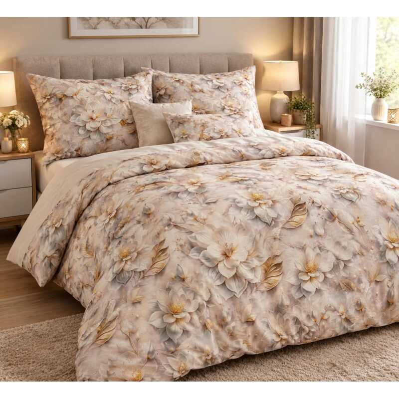 Bavlnená súprava obliečok 1+1 je vyrobená zo 100% bavlny s plošnou hmotnosťou 130 g/m². Dostupná vo veľkostiach 140x200 cm, 140x220 cm, 200x220 cm a 200x240 cm, ponúka príjemnú priedušnosť a je vhodná na celoročné používanie. Dezén vytvára 3D efekt - pôsobí trojrozmerným dojmom. Súprava 1+1 obsahuje jednu obliečku na paplón a jednu obliečku na vankúš 70x90 cm. Varianty 200x220 a 200x240 cm sú dodávané ako súprava 1+2 - jedna obliečka na paplón a dve obliečky na vankúš.